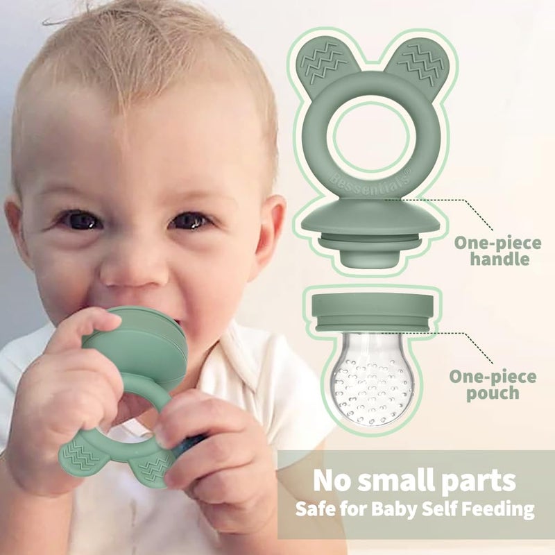BESSENTIALS Bunny Baby Fresh Fruit Food Feeder - 2 Pack Silicone Mesh Feeders for Infant Safe Self Feeding |3 Sizes Food Pouches Included| Suitable for Baby 4m+ (Light Pink & Grass Green) - Image 2